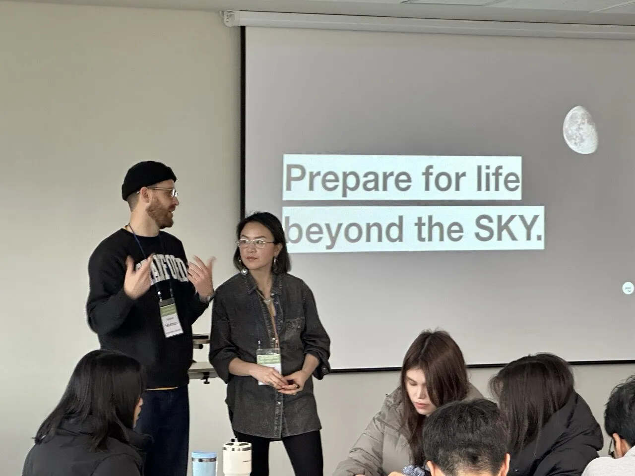 Stanford d.school educators CJ and Seamus leading design thinking sessions at Jeju Space Bootcamp